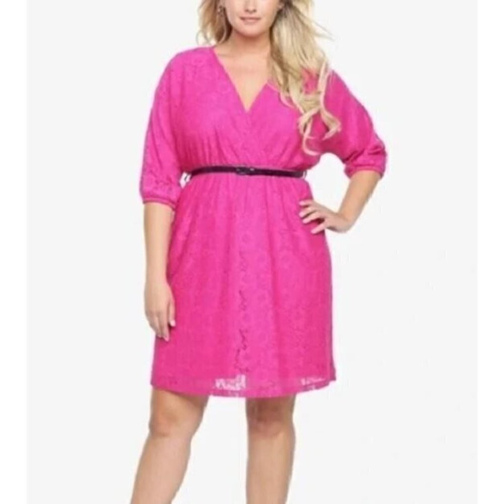 Torrid Dress Womens 2X Pink Lace Faux Wrap Elastic Waist Belted Barbiecore